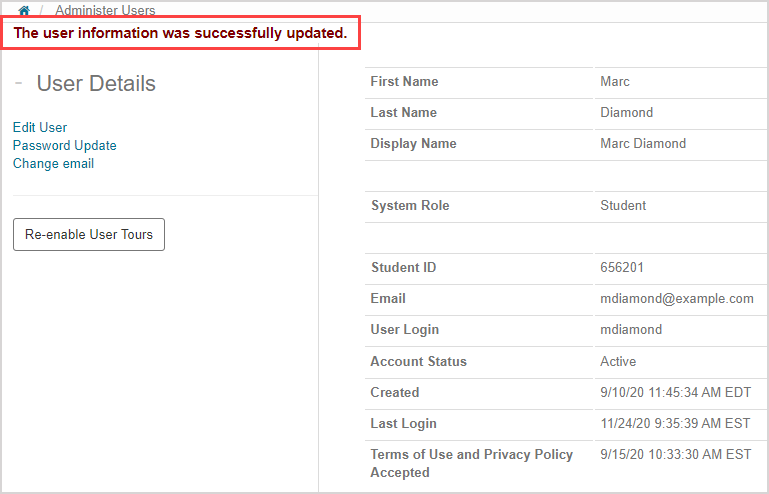 The success message of "The user information was successfully updated" appears at the top of the user profile page.